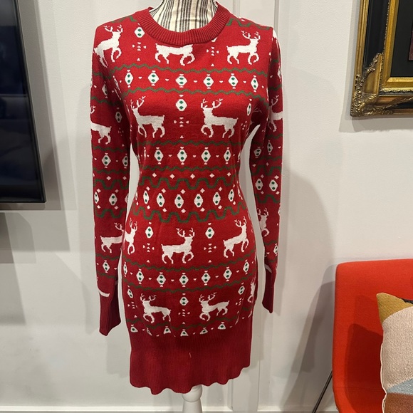 Tipsy Elves Red Reindeer Ugly Christmas Sweater Dress | Size L - Picture 2 of 6